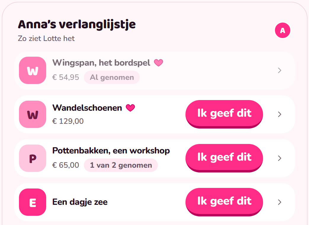 Een verlanglijstje in Prezzy, zoals een vriendin het ziet: bij elk cadeau een knop Ik geef dit en bij een cadeau dat al weg is de vermelding Al genomen.