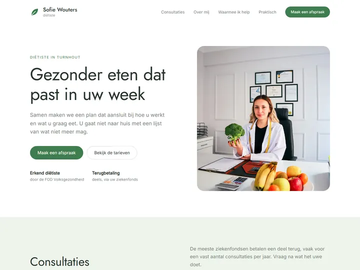 Bovenkant van de voorbeeldpagina van een diëtiste