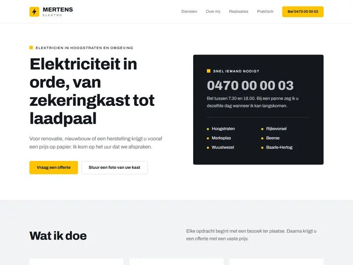 Bovenkant van de voorbeeldpagina van een elektricien